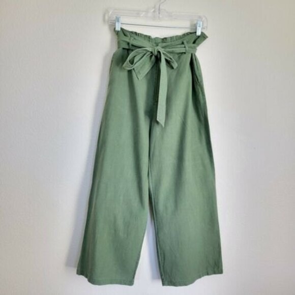 LOVE TREE Wide Leg Green Linen Pants Size Small high-rise belted Straight Pants - Picture 1 of 11